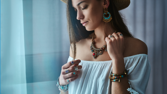 woman in chic boho jewelry wearing crop top
