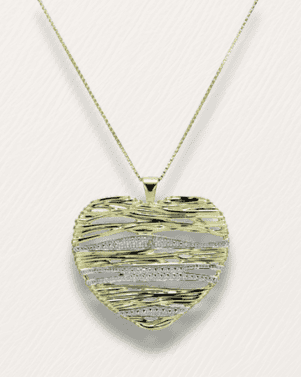 Heart-shaped pendant with textured design on a gold chain against a white background
