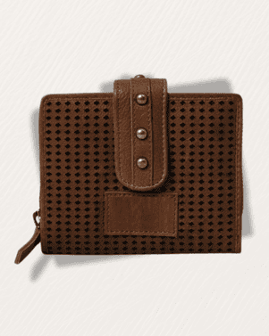 Brown textured wallet with button details on a white background