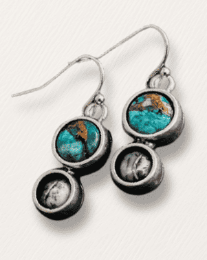 Silver earrings with turquoise stones on a white background