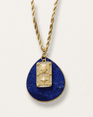 Necklace with blue pendant and gold chain on a white background