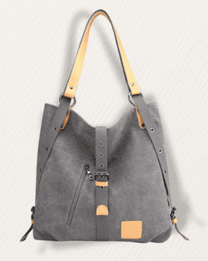Gray handbag with brown accents on a light gray background