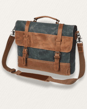 Blue and brown leather bag with a strap on a light gray background