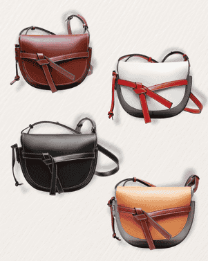 Four different colored handbags on a light gray background