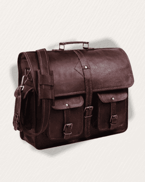 Brown leather satchel bag on a light gray background