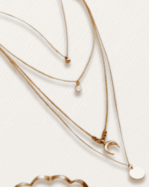 Set of gold necklaces with various pendants on a white background