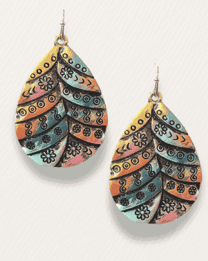 Colorful feather-shaped earrings on a light gray background