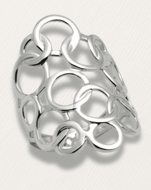 Silver ring with intricate design on a white background