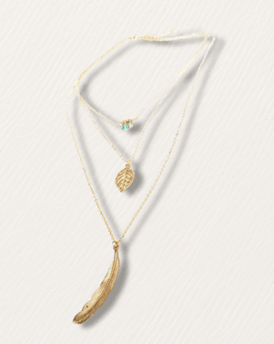 Gold necklace with leaf pendants on a white background
