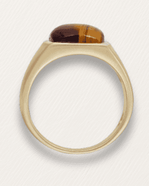 Gold ring with a brown gemstone on a white background