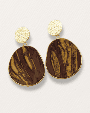Pair of gold and brown earrings on a white background