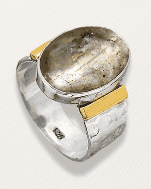 Silver ring with a large stone and gold accents on a white background
