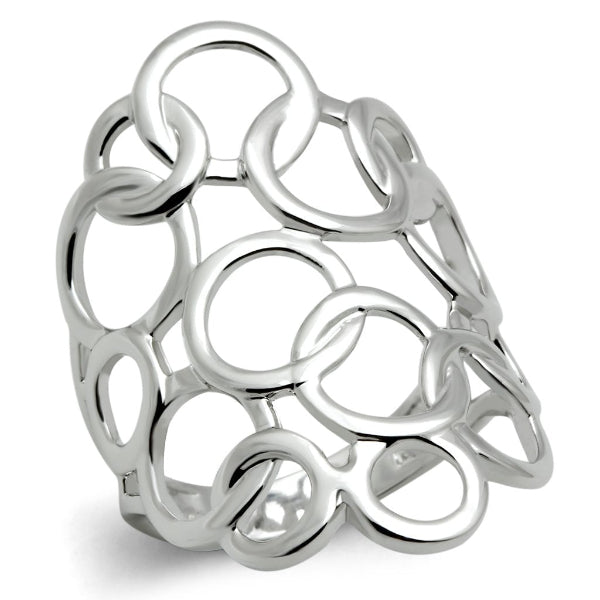 Silver ring with interlocking circular design on a white background