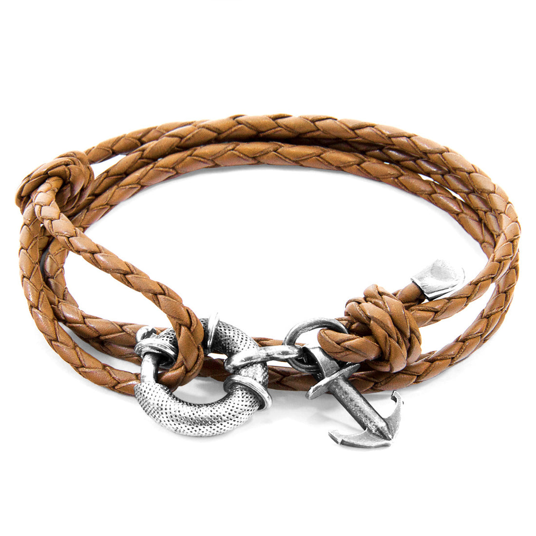 Brown braided leather bracelet with silver anchor charms on a white background