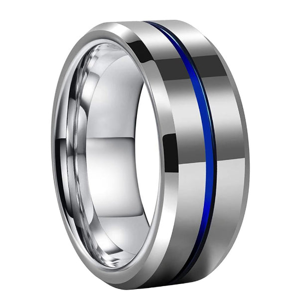 Silver ring with a thin blue stripe on a white background