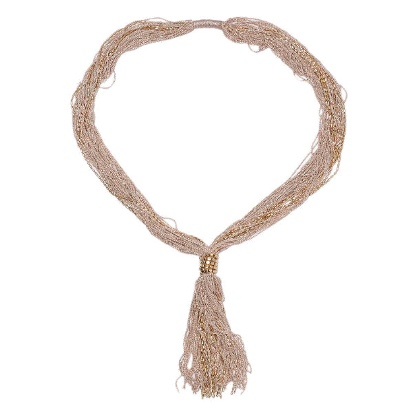 Beige woven necklace with tassel on a white background