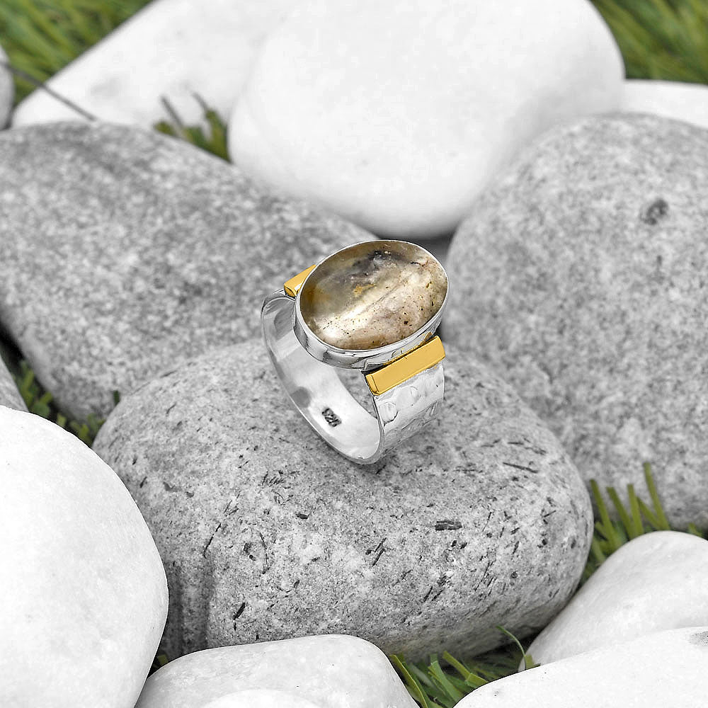 Silver ring with a gold accent on a stone surface