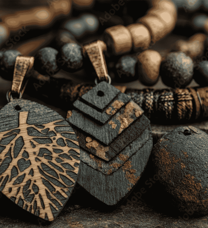Close-up of wooden pendants with natural patterns on a dark surface Close-up of wooden pendants with natural patterns on a dark surface