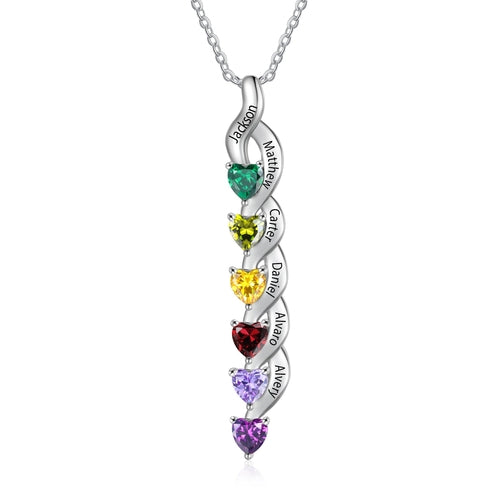 Silver necklace with heart-shaped gemstones and engraved names on a white background
