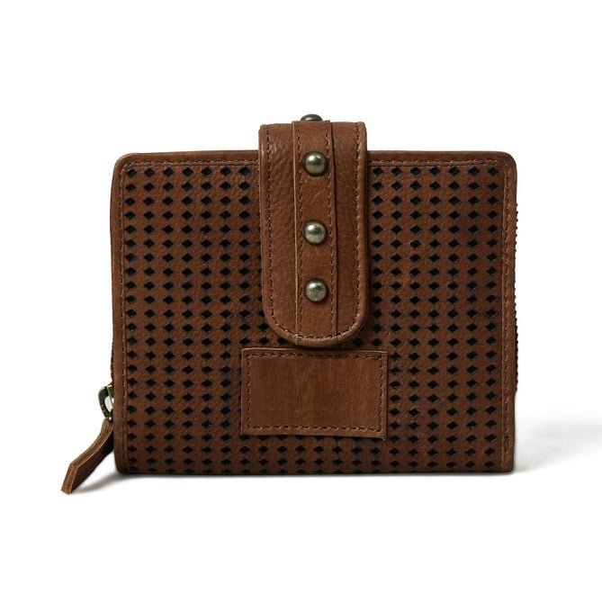 Brown perforated leather wallet with metal studs on a white background