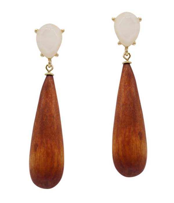 Pair of earrings with wooden teardrop pendants and white stone tops on a white background