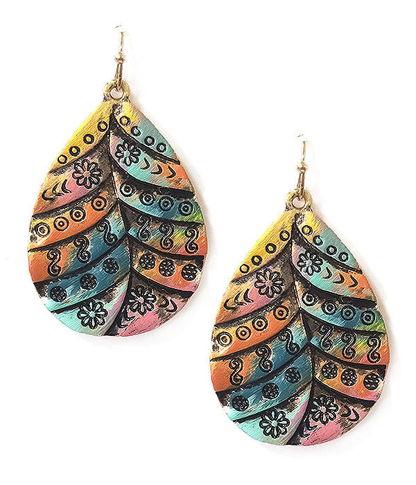 Colorful feather-shaped earrings with intricate patterns on a white background