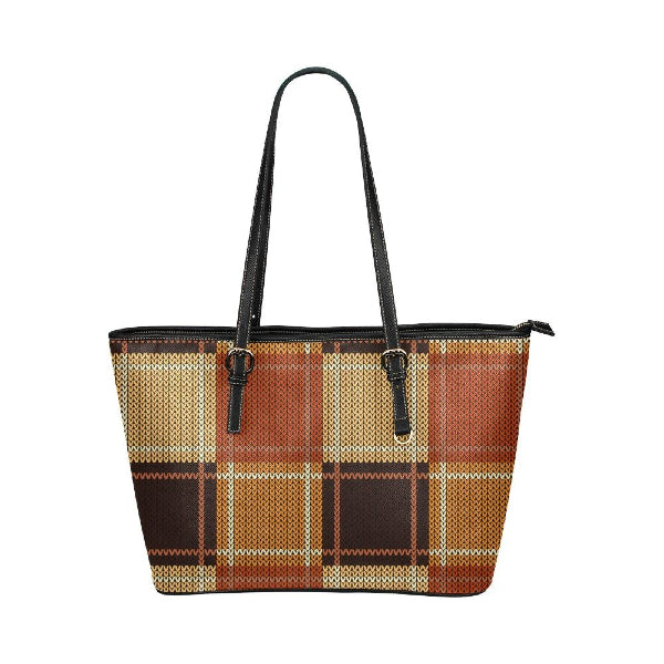 Plaid patterned handbag with brown and beige colors on a white background