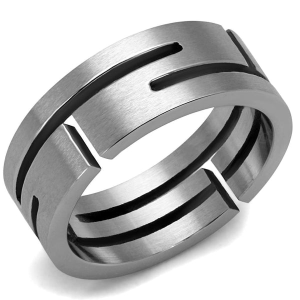 Silver ring with geometric design on a white background