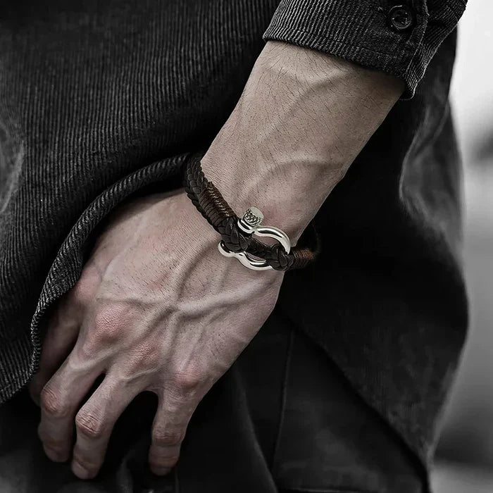 men's braided premium leather nautical clasp bracelet