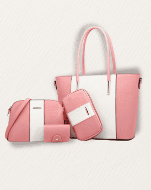 Set of pink handbags with white accents on a light gray background