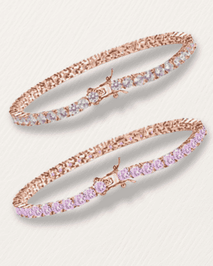Two rose gold bracelets with diamond and pink gemstone accents on a light gray background
