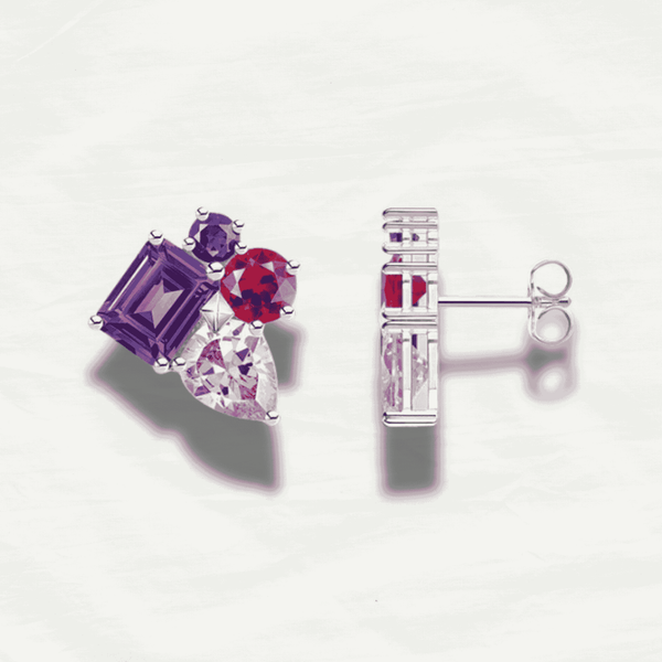 Glamorous Pink & Violet Zircon Silver Ear Studs - Odds & Ends Novelties