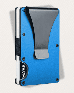 Blue metal wallet with 'CHASE' branding on a white background