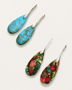 Colorful teardrop-shaped earrings on a light background