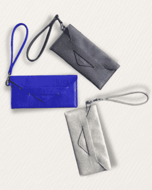 Three wallets in blue, gray, and silver on a light gray background