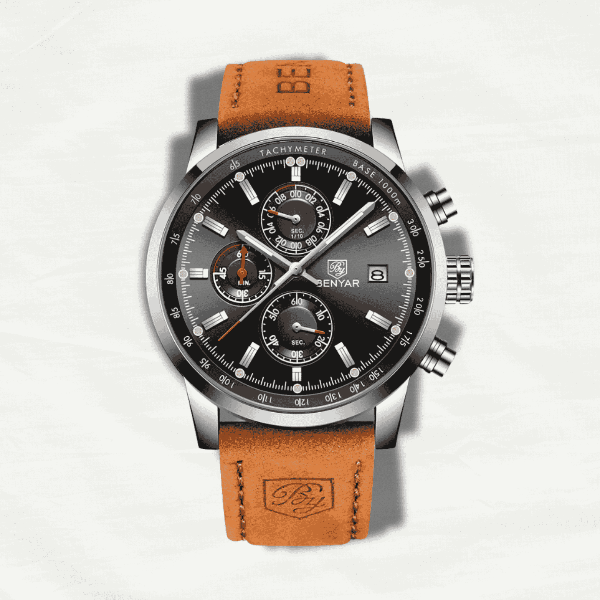 Watch with brown leather strap and black dial on a light gray background