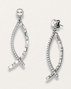 Silver fish-shaped earrings with beaded details on a light gray background