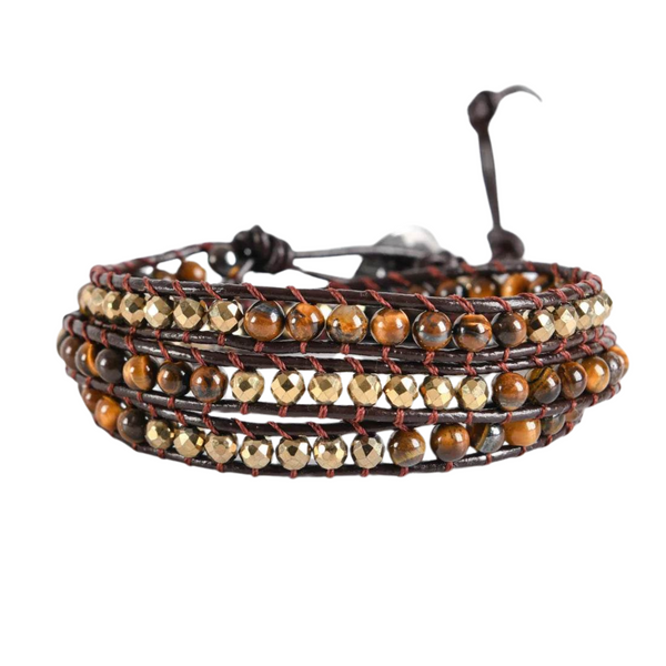 UrbanEdge Tiger Eye Leather Wrap Bracelet Triple Layer Woven Beaded Armband – Rugged Elegance and Durable Craftsmanship - Odds & Ends Novelties
