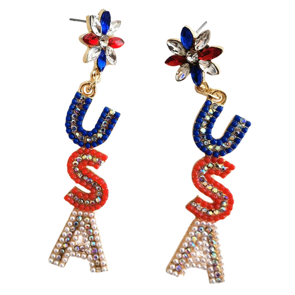 USA Heart-Shaped Rhinestone Drop Earrings