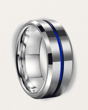 Silver ring with a blue stripe on a light gray background