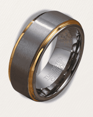 Tungsten carbide ring with gold inlay on a white background