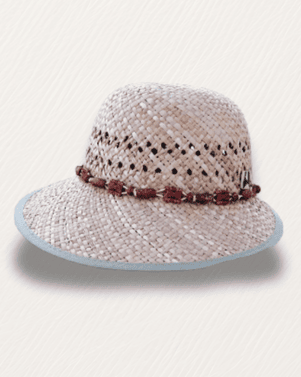 Woven sun hat with a decorative band on a light background
