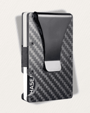 Carbon fiber patterned cardholder with 'CHASE' branding on a light gray background