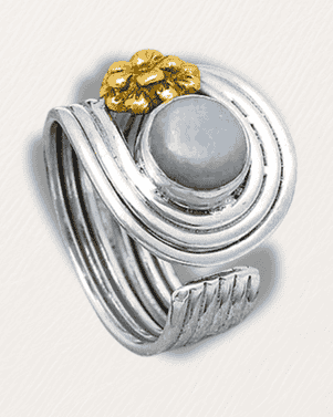 Silver ring with a gray stone and gold accent on a light gray background