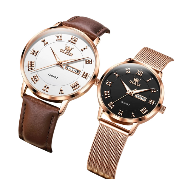 OLEVS His & Hers Watches 2920 Model – Classic Leather Strap Date Display - Odds & Ends Novelties