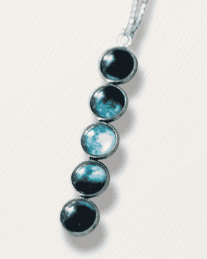Necklace with five blue gemstones on a white background