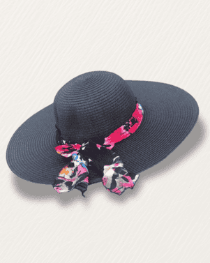 Navy straw hat with a colorful band on a light gray background