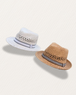 Two straw hats with decorative bands on a light background