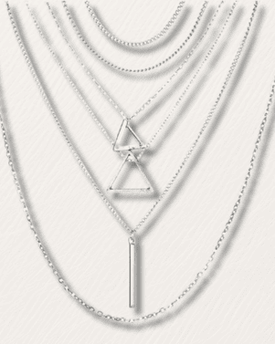 Multiple silver necklaces with geometric pendants on a light gray background
