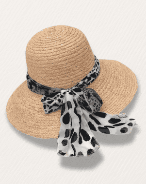Beige straw hat with a leopard print scarf on a light background